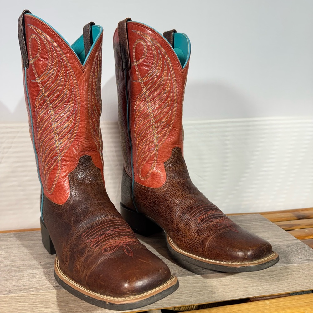 Ariat Brown Leather Cowboy Boots with Red Shaft and Turquoise Lining
